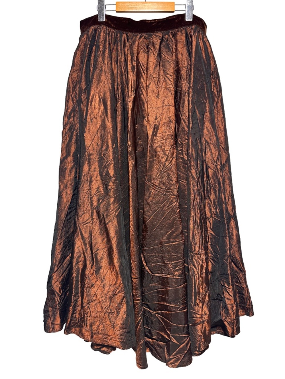 90s Whimsigoth Bronze Iridescent Maxi Skirt Velvet Waist Romantic Goth